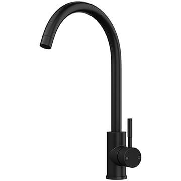 Nuie Top-Fix Vito Matt Black Kitchen Sink Mixer Tap with Swan Neck Spout - Stick Handle