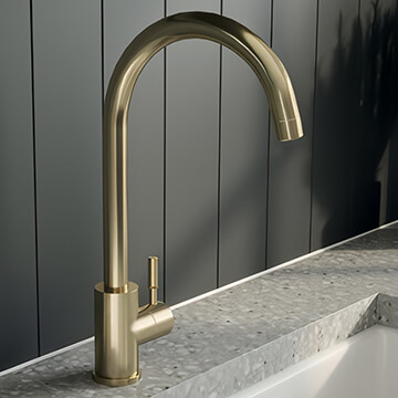 Nuie Top-Fix Vito Brushed Brass Kitchen Sink Mixer Tap with Swan Neck Spout - Stick Handle