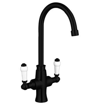 Nuie Sarani Black Kitchen Sink Mixer Tap with Swan Neck Spout, Ceramic Handles