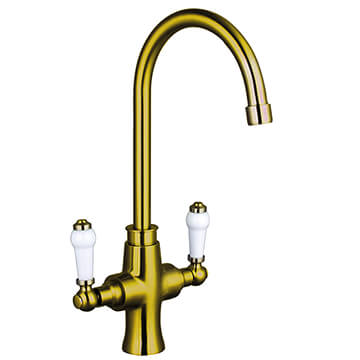 Nuie Sarani Brushed Gold Kitchen Sink Mixer Tap with Swan Neck Spout, Ceramic Handles