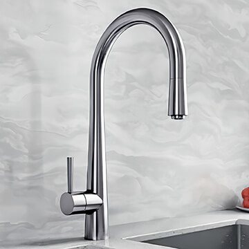 Nuie Ziro Contemporary Pull-Out Kitchen Sink Mixer Tap with Curved Spout - Stick Handle