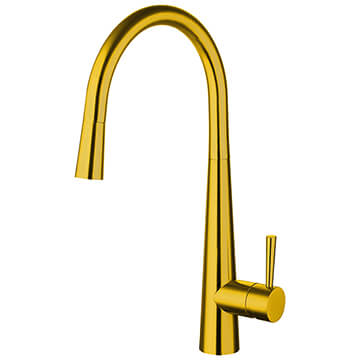 Nuie Ziro Brushed Gold Pull-Out Kitchen Sink Mixer Tap with Curved Spout - Stick Handle
