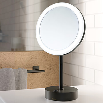 Smedbo Outline Freestanding Round Matt Black LED Shaving And Make-Up Mirror