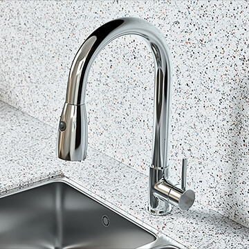 QS Basics Optimus Pull-Out Chrome Kitchen Mixer Tap with Swan Neck Spout - Stick Handle
