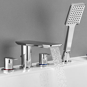 Flova Spring 4 Hole Bath Shower Mixer Tap with Diverter and Swivel Spout - Flat Handles