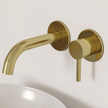 Flova Levo 2 Hole Brushed Brass Basin Mixer Tap with Curved Spout - Stick Handle