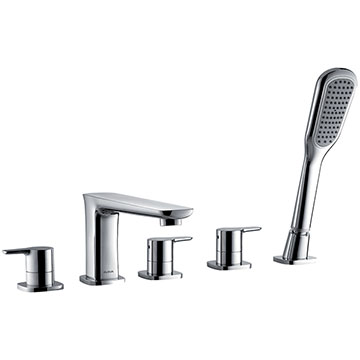 Flova Urban 5 Hole Chrome Bath Mixer Tap with Straight Spout and Shower Handset - Flat Handles