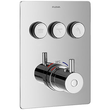 Flova Levo Recessed Chrome Thermostatic GoClick Shower Valve - 3 Outlet - 4 Controls - Rectangular Trim