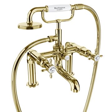 Burlington Guild Gold Finish Bridge Bath Mixer Tap with Shower Handset and Hose - Deck Mounted