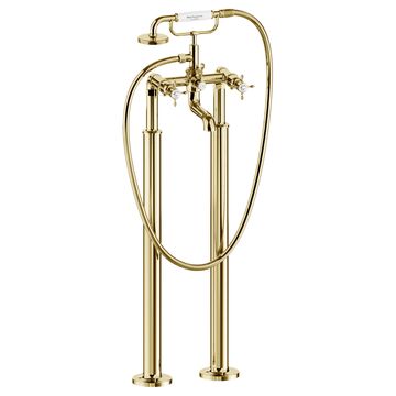 Burlington Guild Floorstanding Gold Finish Bath Shower Mixer Tap with Handset and Legs