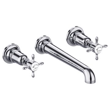 Burlington Guild 3 Hole Traditional Basin Mixer Tap with Long Spout - Crosshead Handles - Wall Mounted