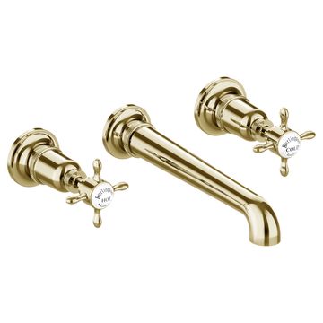 Burlington Guild 3 Hole Traditional Gold Finish Basin Mixer Tap with Long Spout - Crosshead