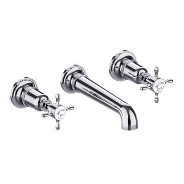 Burlington Guild 3 Hole Traditional Bath Filler Tap with Curved Spout - Crosshead Handles - Wall Mounted