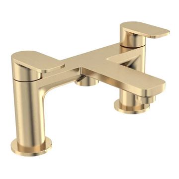 Tavistock Savour Contemporary Brushed Brass Bridge Bath Mixer Tap - Flat Handles and Spout