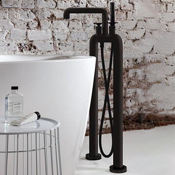 Crosswater Union Floorstanding Industrial Matt Black Bath Filler Tap with Shower Handset