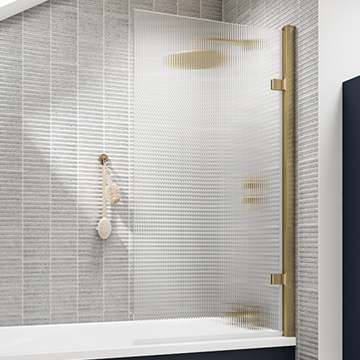 Nuie Pacific 830 x 1520mm Fluted Square Hinged Bath Screen Brushed Brass