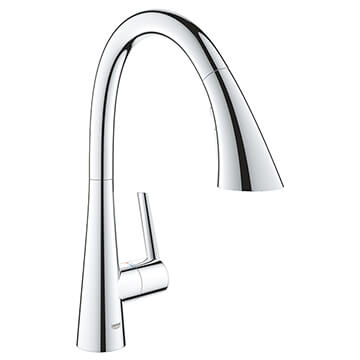 Grohe Zedra Contemporary Pull-Out Kitchen Sink Mixer Tap with Swan Neck Swivel Spout - Flat Handle