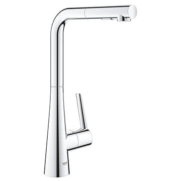 Grohe Zedra Contemporary L-Shaped Pull-Out Kitchen Sink Mixer Tap with Swivel Spout - Flat Handle