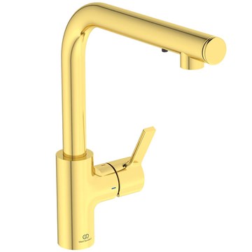 Ideal Standard Gusto Imx Brushed Gold Kitchen Mixer Tap with Round L-Shaped Swivel Spout