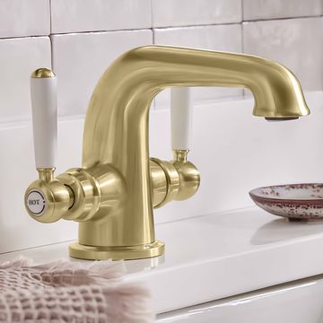Tavistock Lansdown Traditional Brushed Brass Basin Mixer Tap with Click Waste - Deck Mounted