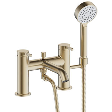 Britton Hoxton Brushed Brass Bridge Bath Mixer Tap with Shower Handset and Hose