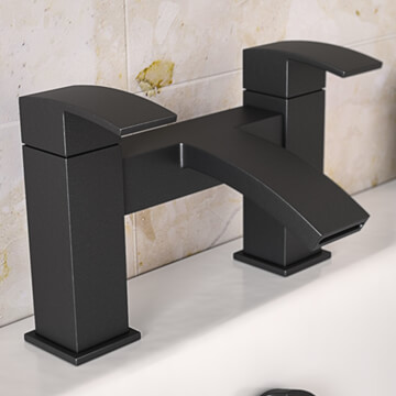 QS Basics Elsie Black Bridge Bath Mixer Tap with Waterfall Spout - Curved Handles