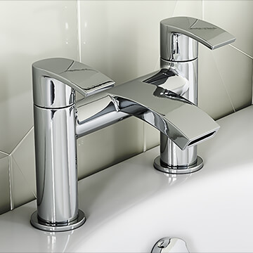 QS Basics Blake Bridge Bath Mixer Tap with Waterfall Spout - Curved Handles - Deck Mounted