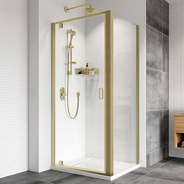Roman Haven8 Brushed Brass Framed Hinged Pivot Shower Door - Clear Glass - Reversible