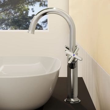 VitrA Origin Classic Tall Basin Mixer Tap with Curved Spout - Crosshead Handles