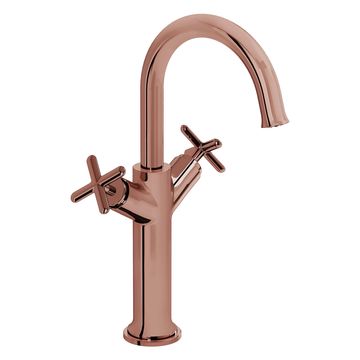 VitrA Origin Classic Soft Copper Tall Basin Mixer Tap with Curved Spout - Crosshead Handles