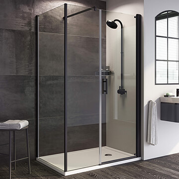 Roman Innov8 Matt Black Pivot Shower Door with In-line Panel - Clear Glass - Reversible