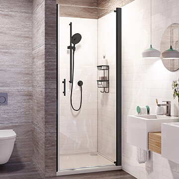 Roman Innov8 Matt Black Pivot Shower Door - Clear Glass - Reversible - Alcove Fitting