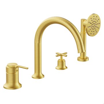 VitrA Origin Classic 4 Hole Brushed Gold Bath Mixer Tap with Shower Handset - Stick Handle
