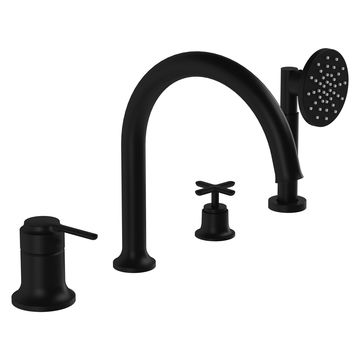VitrA Origin Classic 4 Hole Matt Black Bath Mixer Tap with Shower Handset - Stick Handle