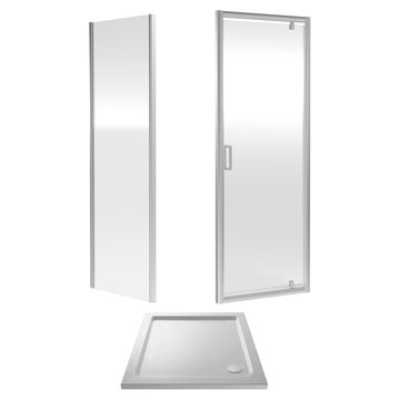 Nuie Rene Pivot Shower Door with Side Panel and Tray - Clear Glass - Aluminium Frame