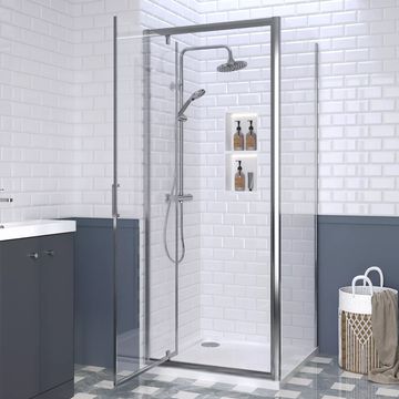Nuie Rene Pivot Shower Door with Side Panel and Tray - Clear Glass - Aluminium Frame