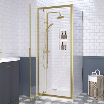 Nuie Rene Pivot Brushed Brass Shower Door with Side Panel and Tray - Aluminium Frame