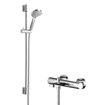 Nuie Wall Mounted Thermostatic Bath Shower Mixer with Slimline Slider Rail Kit - Chrome