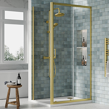 Nuie Rene Sliding Shower Door with Side Panel and Tray - Brushed Brass Aluminium Frame