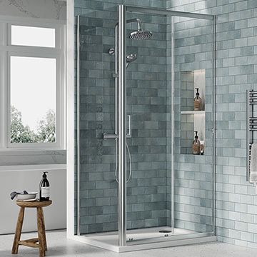 Nuie Rene Sliding Shower Door with Side Panel and Tray - Clear Glass - Aluminium Frame