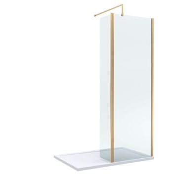Nuie Brushed Brass Semi-Frameless Walk-In Wetroom Shower Screen with Return Panel and Tray