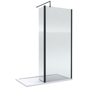 Nuie Semi-Frameless Fluted Matt Black Walk-In Wetroom Shower Screen with Return Panel and Tray