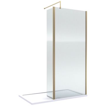 Nuie Semi-Frameless Fluted Brushed Brass Walk-In Wetroom Shower Screen with Return Panel and Tray