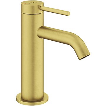 VitrA Minimax Brushed Brass Round Basin Mixer Tap - Curved Spout - Stick Handle