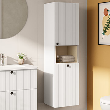 VitrA Root Groove Wall Hung Tall Unit with Open Shelf and Laundry Basket - 420 x 1550mm - Image