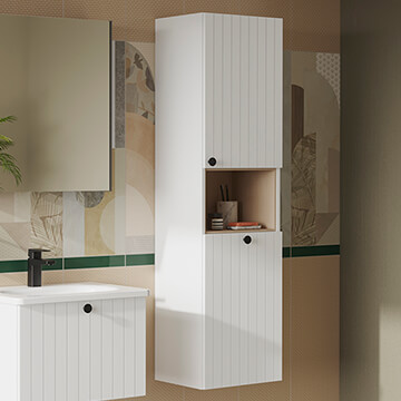 VitrA Root Groove Wall Hung Matt White Tall Unit with Open Shelf and Laundry Basket