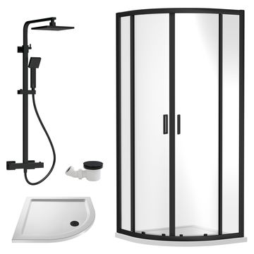 Nuie Rene Two Door Matt Black Quadrant Shower Enclosure with Tray and Square Riser Rail Kit