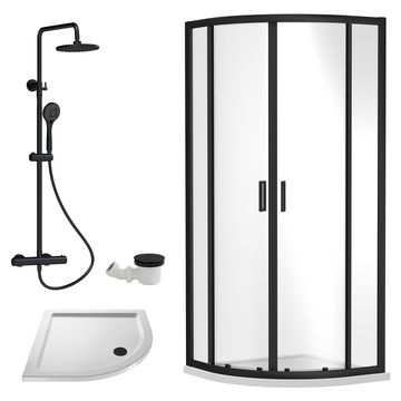 Nuie Rene Sliding Matt Black Quadrant Shower Enclosure with Round Riser Rail Kit and Tray