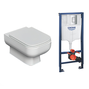 Grohe Rapid-SL Large Concealed Frame Set and Wall Hung Square Rimless Toilet - 500 x 1130mm