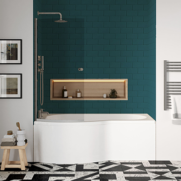 Nuie White P-Shaped Shower Bath with Front Panel and Curved Bath Screen 1700 x 850mm